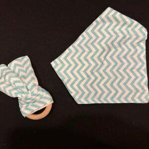 Aqua Chevron Bandana Bib & Teething Ring Set 7388 Handmade NWT Boutique